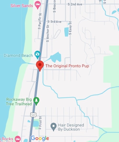 Map showing the location of "The Original Pronto Pup" near the coast, along with nearby streets and landmarks.