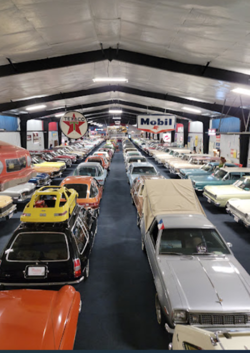 A wide view of a vintage car museum showcasing rows of classic cars under a large, well-lit tent.