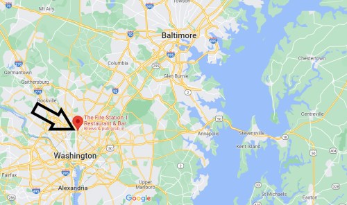 Map showing Washington, D.C. with a marked location for The Fire Station 1 Restaurant & Bar.