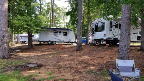 Two RVs parked among tall trees at a campsite, with a fire pit and a camping chair in the foreground.