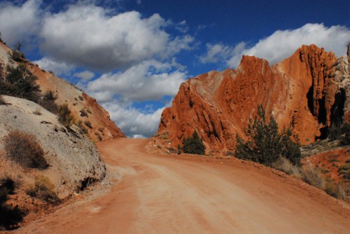 A winding dirt road leads through vibrant red rock formations under a blue sky with fluffy white clouds.