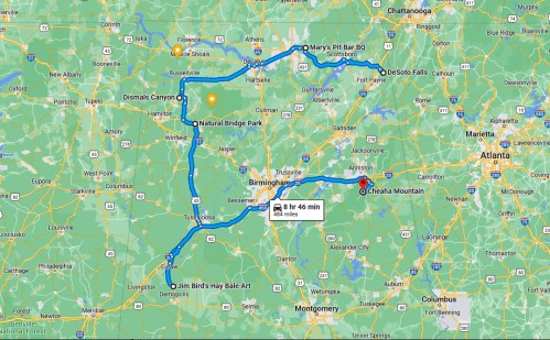Map showing a route through Alabama, highlighting locations like Cheaha Mountain and Dismals Canyon, covering 483 miles.