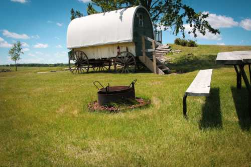 A vintage wagon on wheels sits on a grassy field, with a picnic table and fire pit nearby under a clear blue sky.