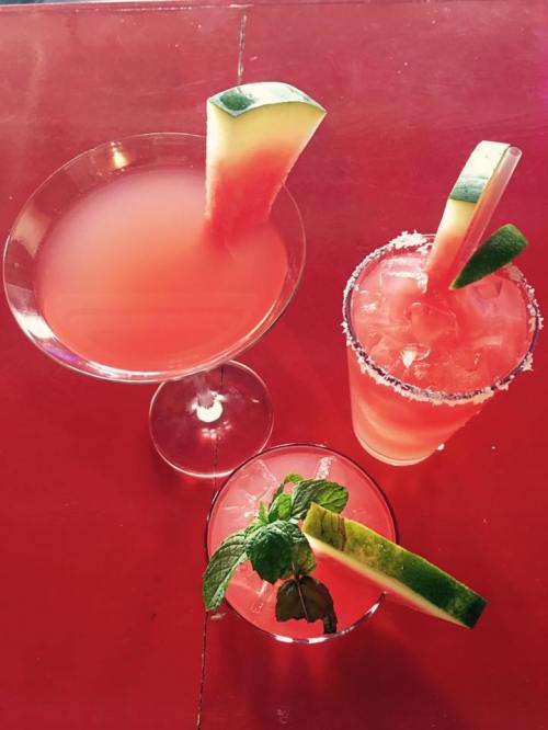Three colorful cocktails with watermelon garnishes on a red table.