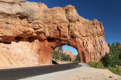 A natural rock arch over a road, surrounded by orange and tan rock formations and green trees under a clear blue sky.