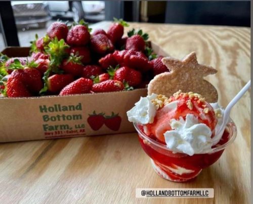A bowl of strawberry ice cream topped with whipped cream and a cookie, next to a box of fresh strawberries.