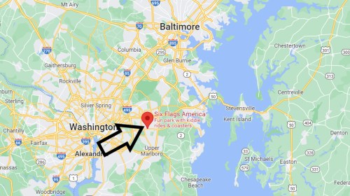 Map showing the location of Six Flags America near Washington, D.C., with nearby cities and highways marked.
