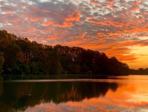 A serene lake at sunset, reflecting vibrant orange and pink clouds, surrounded by trees.
