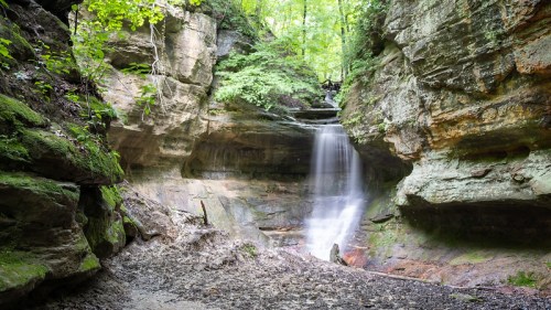 A serene waterfall cascades down rocky cliffs, surrounded by lush green foliage in a tranquil forest setting.
