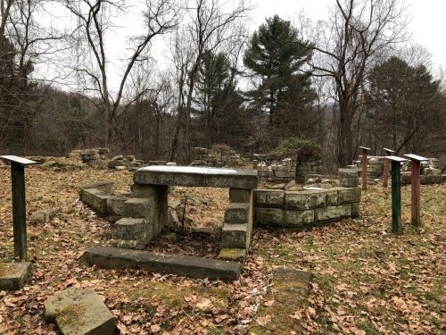 Ruins of stone structures surrounded by trees and fallen leaves, with informational signs nearby.