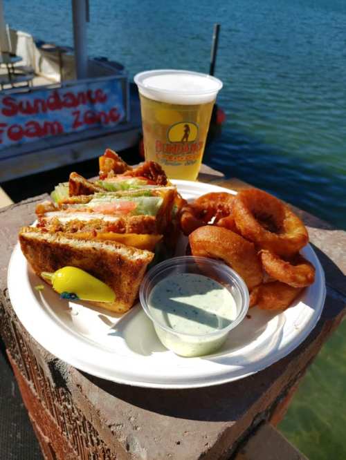A plate with a sandwich, onion rings, and dipping sauce, with a drink, set against a water background.