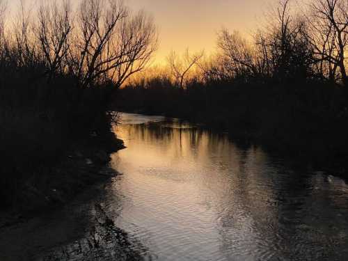 A serene river at sunset, reflecting warm colors with silhouetted trees along the banks.