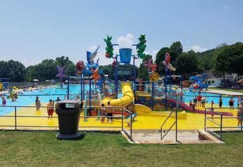 A vibrant water park with slides, splash features, and families enjoying the pool on a sunny day.