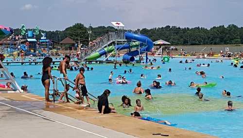 A busy water park with people swimming, slides, and lounging around a large pool on a sunny day.