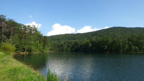A serene lake surrounded by lush green trees and rolling hills under a clear blue sky with fluffy white clouds.