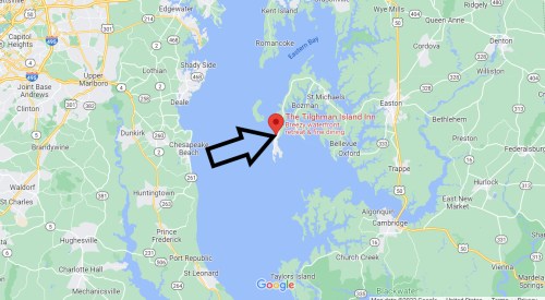 Map showing the location of Tilghman Island Inn in Maryland, with an arrow pointing to the inn on Tilghman Island.