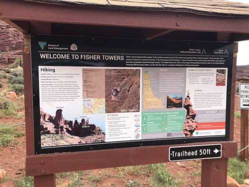 Sign at Fisher Towers trailhead with information on hiking, maps, and park regulations. Red rock landscape in background.