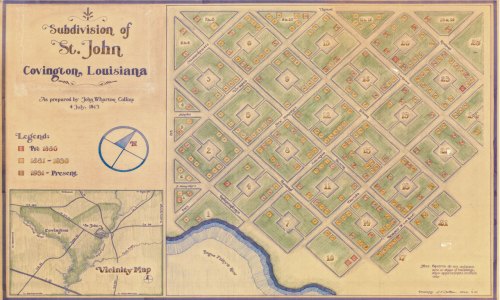 Map of the subdivision of St. John in Covington, Louisiana, showing lots and streets, dated July 4, 1913.