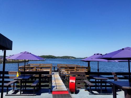 A serene lakeside view featuring a wooden dock with purple umbrellas and tables, under a clear blue sky.