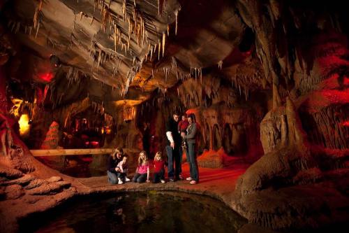 A family explores a cave with stalactites and stalagmites, illuminated by colorful lights, near a small pool of water.