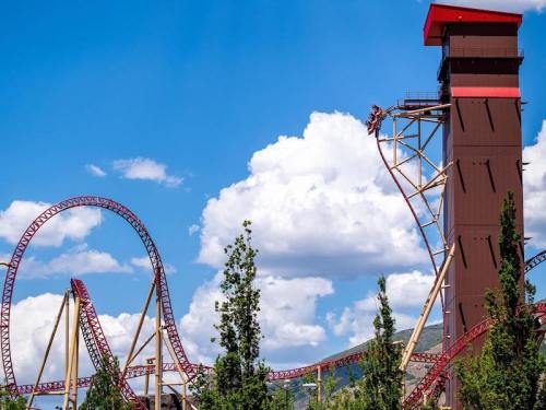 A roller coaster with a tall drop tower against a blue sky with fluffy clouds and green trees in the foreground.