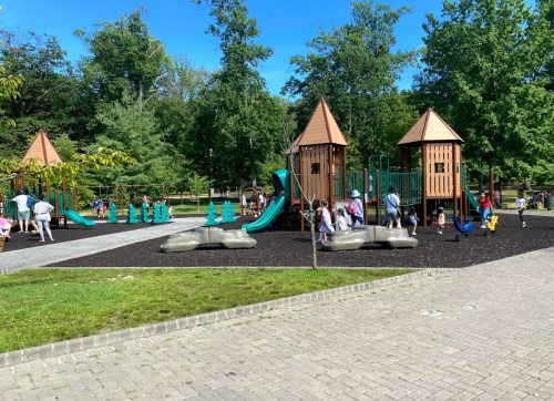 A vibrant playground with wooden structures, slides, and children playing on a sunny day surrounded by trees.