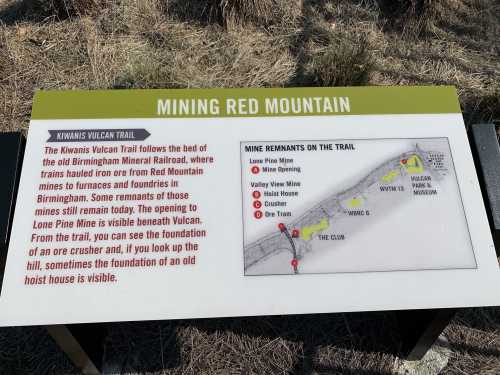 Sign about the Kiwanis Vulcan Trail, detailing mining history and remnants near Red Mountain in Birmingham.