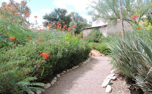 A winding gravel path surrounded by vibrant flowers and lush greenery, leading to a serene garden setting.