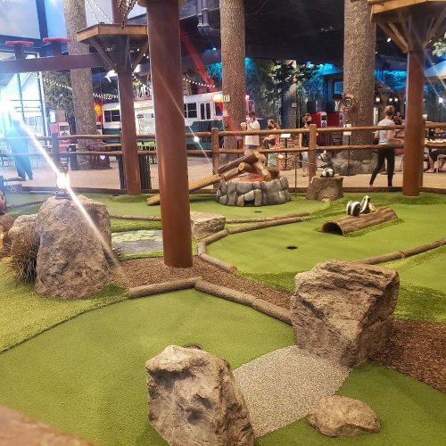 A playful indoor area with artificial grass, rocks, and a campfire setup, surrounded by trees and children playing.