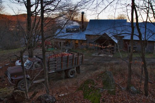A rustic farm scene with a truck loaded with apples, surrounded by trees and a barn at sunset.