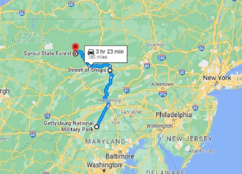 Map showing a route from Gettysburg National Military Park to Sproul State Forest, with a travel time of 3 hours 23 minutes.