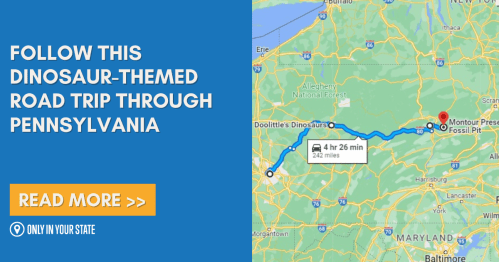 Map showing a dinosaur-themed road trip route through Pennsylvania, highlighting key locations and travel time.