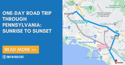Map highlighting a one-day road trip route through Pennsylvania, with a title and a call to action to read more.