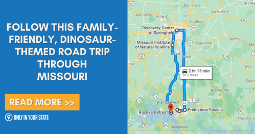 Map showing a dinosaur-themed road trip route through Missouri, highlighting family-friendly destinations.