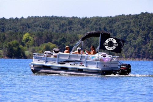 A pontoon boat with passengers cruising on a lake, surrounded by green trees and a clear blue sky.