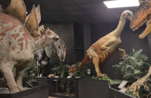 A display of life-sized dinosaur models in a museum setting, surrounded by greenery and informational plaques.