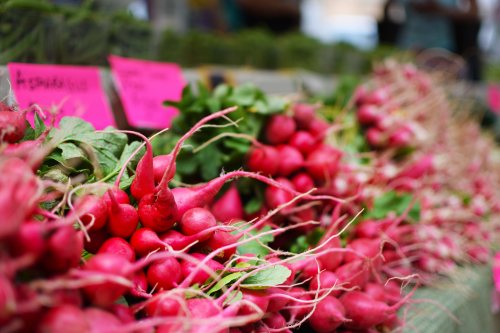 Fresh radishes with green tops displayed at a vibrant farmers market, surrounded by colorful signage.