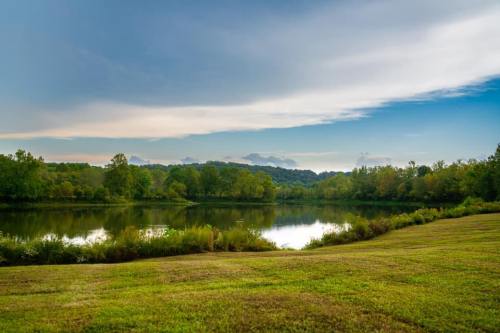 A serene landscape featuring a calm lake surrounded by lush greenery and a cloudy sky.