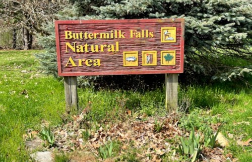 Sign for Buttermilk Falls Natural Area, featuring colorful icons and surrounded by greenery.