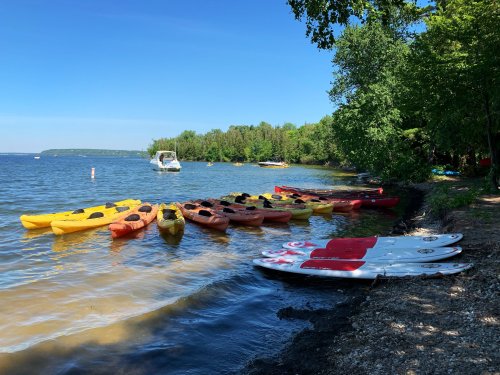 Colorful kayaks and paddleboards lined up on a sandy shore by a calm lake, surrounded by green trees and blue sky.