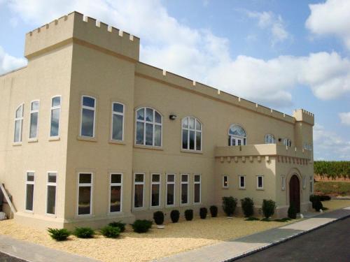 A modern building designed to resemble a castle, featuring turrets and large windows, set against a blue sky.