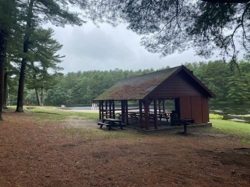 A rustic pavilion surrounded by trees near a calm lake, with picnic tables and a cloudy sky overhead.