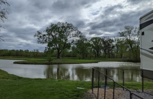 A serene landscape featuring a pond surrounded by greenery and trees under a cloudy sky.