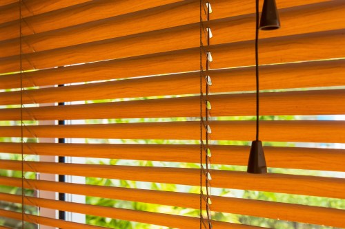 Close-up of wooden blinds with a pull cord, partially open, revealing green foliage outside.