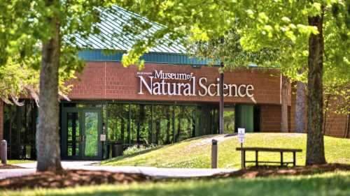 Entrance of the Museum of Natural Science, surrounded by greenery and trees on a sunny day.