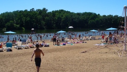 A busy beach scene with people swimming and sunbathing, surrounded by trees and umbrellas on a sunny day.