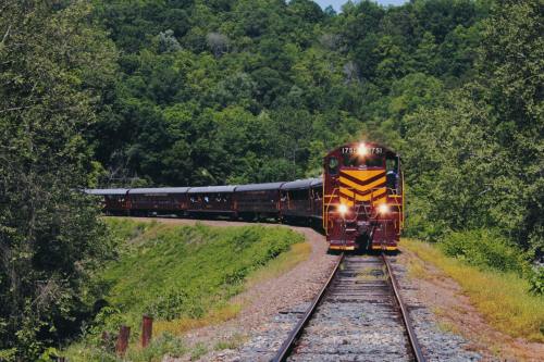 A vintage train travels along a curved track surrounded by lush green trees.