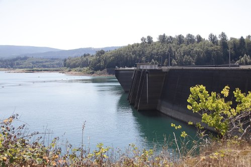 A large dam stands beside a calm lake, surrounded by trees and mountains under a clear blue sky.