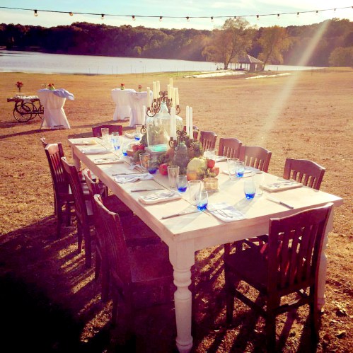 A beautifully set outdoor dining table by a lake, surrounded by chairs and decorated with flowers and candles.