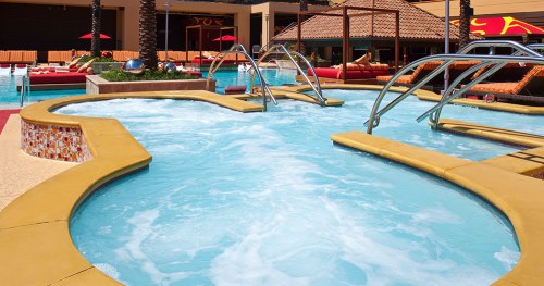 A sunny pool area featuring curved water features, lounge chairs, and palm trees, creating a relaxing atmosphere.